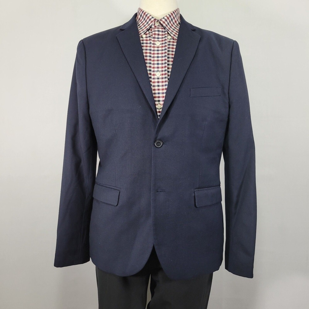 H&M SLIM FIT Men's Sport Coat Blazer‎ Two Button Navy Blue Poly Blend 44R